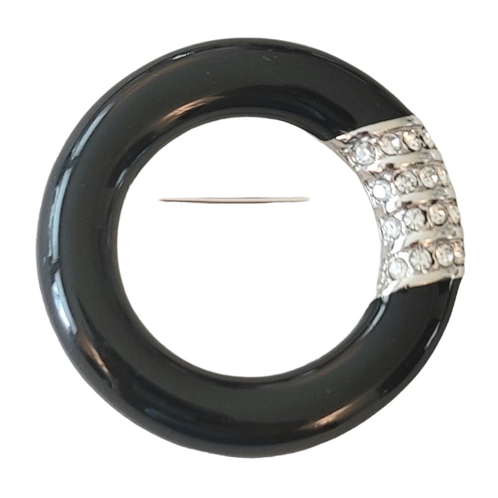 Signed Sal Swarovski Silver Tone Crystal Black Enamel Round Open Brooch, M611